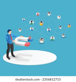 Isometric plano 3d concepto de ilustración de hombre portando imán de estrategia de marketing digital