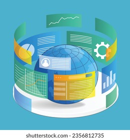 Isometric flat 3d illustration concept of internet information analysis screen around the earth