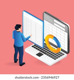 Isometric flat 3d illustration concept of man making table with excel