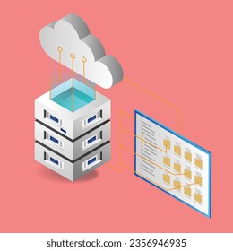 Isometric plano 3d concepto de ilustración de red de almacenamiento de datos en servidor en nube