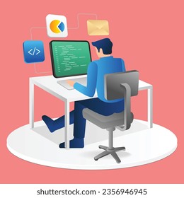 Isometric flat 3d illustration concept of man typing program language for web application