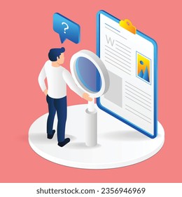 Isometric flat 3d illustration concept of man carrying magnifying glass beside plan paper