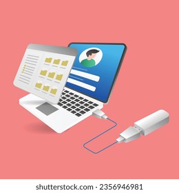 Isometric flat 3d illustration concept of personal folder on flash drive
