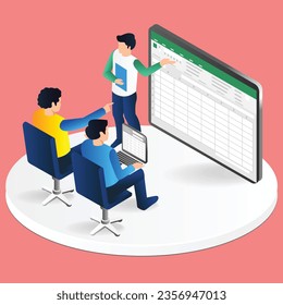 Isometric flat 3d illustration concept of learning excel application