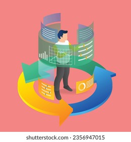 Isometric plano 3d concepto de ilustración de hombre controlador de datos analista