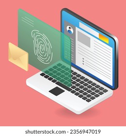 Isometric flat 3d illustration concept of personal data with fingerprint safe