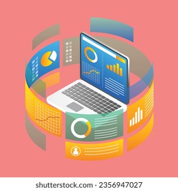 Isometric flat 3d illustration concept of computer data analytics diagram