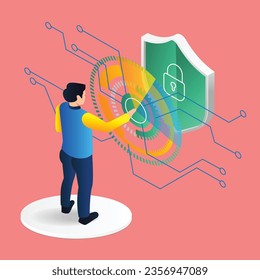 Isometric plano 3d concepto de ilustración del hombre presionando un botón de seguridad de transformación digital