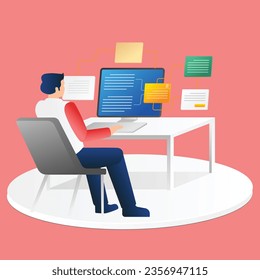 Isometric flat 3d illustration concept of man working at computer desk