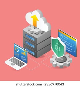 Isometric flat 3d illustration concept of cloud server security program analysis data process