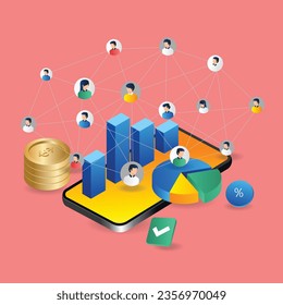 Isometric flat 3d illustration concept of business team network over smartphone