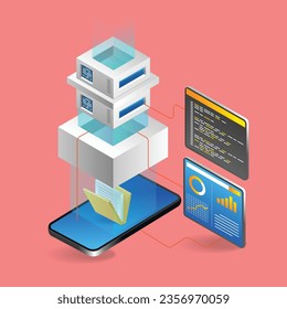 Isometrisches flaches 3D-Illustrationskonzept für den Datenspeicherserver für die Analyse von Smartphone-Anwendungen