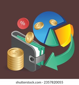 Isometric plano 3d concepto de gráfico circular de inversión monetaria
