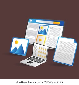 Isometric flat 3d illustration concept of opening many data folders computer