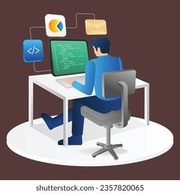 Isometric flat 3d illustration concept of man typing program language for web application