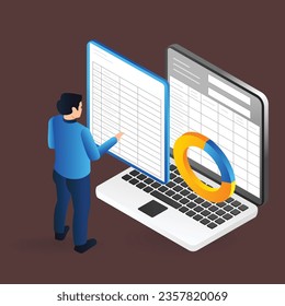 Isometric flat 3d illustration concept of man making table with excel
