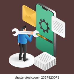 Isometric flat 3d illustration concept of man maintaining smartphone app
