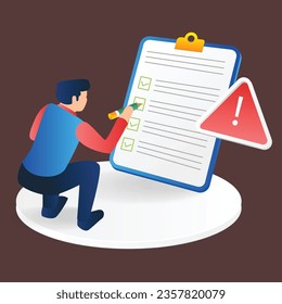 Isometric flat 3d illustration concept of man giving sign to find solution incident