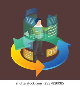 Isometric plano 3d concepto de ilustración de hombre controlador de datos analista