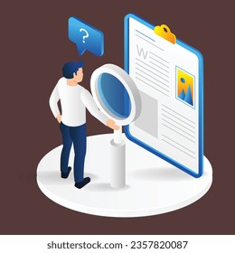 Isometric flat 3d illustration concept of man carrying magnifying glass beside plan paper