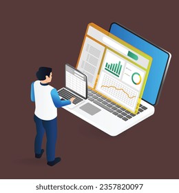 Isometric plano 3d concepto de ilustración del hombre analizando datos