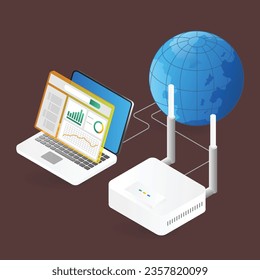 Isometric flat 3d illustration concept of internet wifi router analyzer