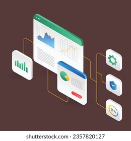 Isometric flat 3d illustration concept of data analysis screen branches