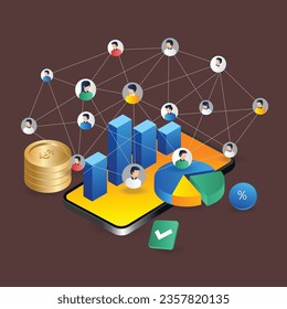 Isometric flat 3d illustration concept of business team network over smartphone