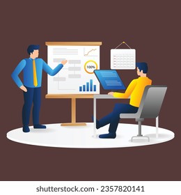 Isometric plano 3d concepto de ilustración de jefe está presentando estrategia de negocio