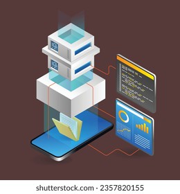 Isometric flat 3d illustration concept of application smartphone analysis data storage server