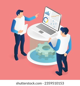 Isometric flat 3d illustration concept of two men analyzing experimental data