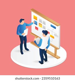 Isometric flat 3d illustration concept of two men putting together a scrumboard for a work plan