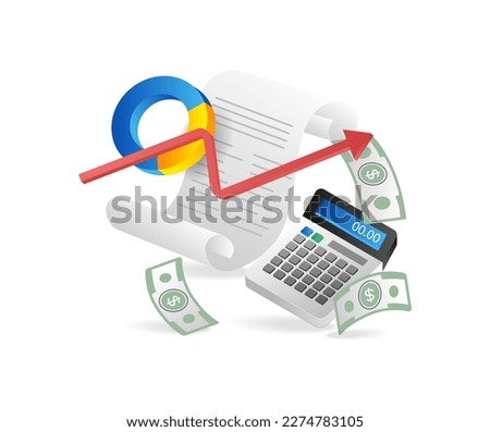 Isometric flat 3d illustration concept of agreement letter calculating business income money