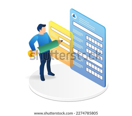 Isometric flat 3d illustration concept of man filling registration form on screen