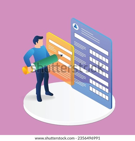 Isometric flat 3d illustration concept of man filling registration form on screen