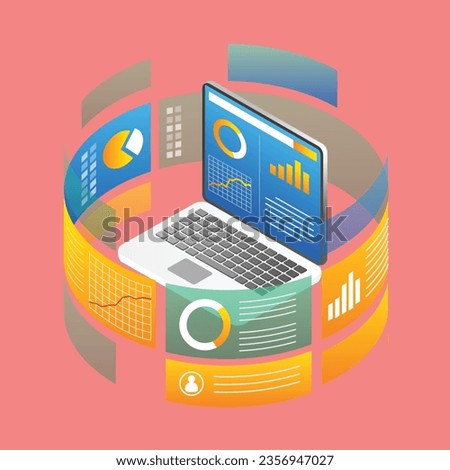 Isometric flat 3d illustration concept of computer data analytics diagram