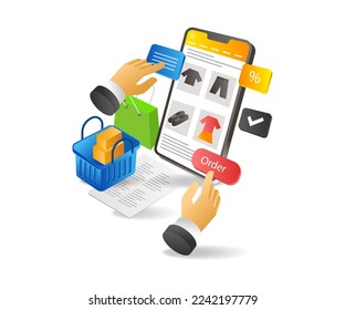 Isometric plano 3d ilustración concepto de compra en línea con aplicación ecommerce