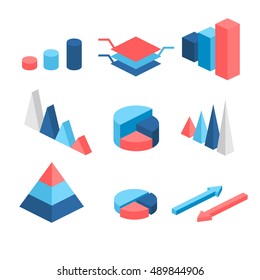 isometric flat 3D infographic elements with data icons and design elements. Pie chart, layers graphs and pyramid diagram. Infographic presentation. Vector illustration