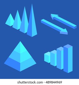 isometric flat 3D infographic elements with data icons and design elements. Pie chart, layers graphs and pyramid diagram. Infographic presentation. Vector illustration