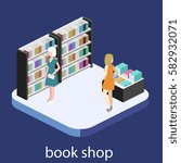 Isometric flat 3D interior of book shop. Vector illustration ibook store. People choose and buy books