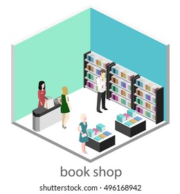 Isometrische flache 3D-Interieur des Buchladens. Vektorgrafik-Buchladen.
