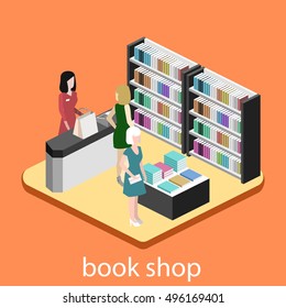 Isometric flat 3D interior of book shop. Vector illustration ibook store. People choose and buy books