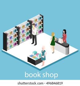 Isometric flat 3D interior of book shop. Vector illustration book store. People choose and buy books