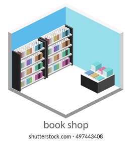 Isometric flat 3D interior of book shop. Vector illustration book store.