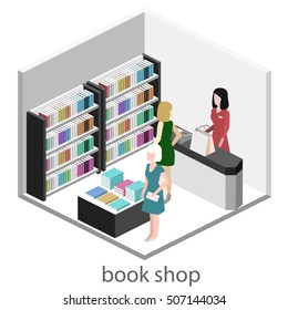 Isometric flat 3D interior of book shop. Vector illustration ibook store. People choose and buy books