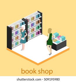 Isometric flat 3D interior of book shop. Vector illustration ibook store. People choose and buy books