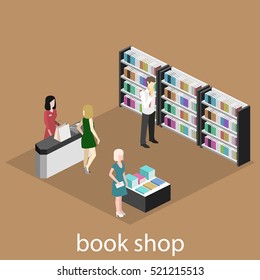 Isometric flat 3D interior of book shop. Vector illustration ibook store. People choose and buy books