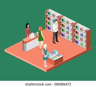 Isometric flat 3D interior of book shop. Vector illustration ibook store. People choose and buy books