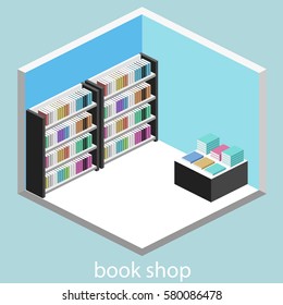 Isometric flat 3D interior of book shop. Vector illustration ibook store. People choose and buy books