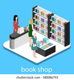 Isometric flat 3D interior of book shop. Vector illustration ebook store. People choose and buy books